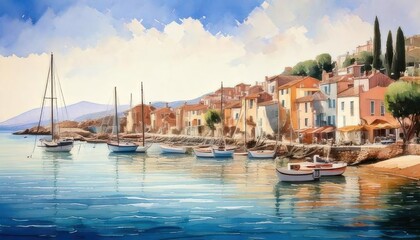 Fototapeta premium Charming Mediterranean village by the sea, featuring colorful houses, small fishing boats, calm water, and a bright summer sky.
