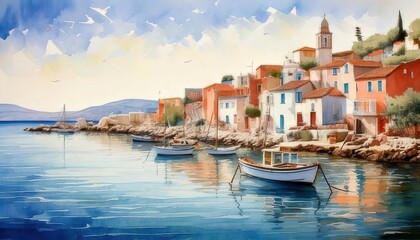 Fototapeta premium A delightful seaside Mediterranean village, adorned with lively houses, peaceful fishing boats, still waters, and the brilliance of a summer sky.