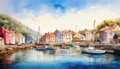 Fototapeta premium By the calm sea, a charming Mediterranean village comes to life with its colorful houses, small fishing boats, tranquil waters, and a bright sky of summer.