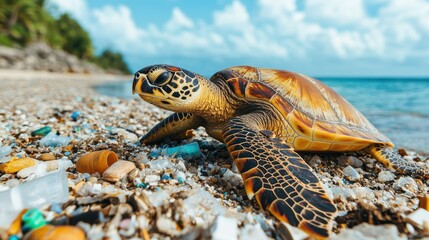 Obraz premium Animal pollution microplastics. Turtle crawling on a beach littered with plastic waste.