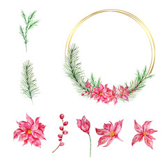 Christmas wreath with watercolor winter greenery floral