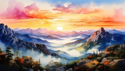 Vibrant hues of sunrise light up a stunning mountain valley, with pine trees, misty hills, and jagged peaks creating a serene wilderness atmosphere.