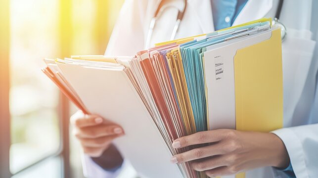 Medical Professional Holding Various Patient Files and Documents in a Bright Clinic with Natural Light, Focus on Organized Health Records and Healthcare Management