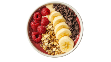 A vibrant smoothie bowl topped with banana slices, raspberries, chocolate chips, and granola, perfect for a healthy breakfast or snack.