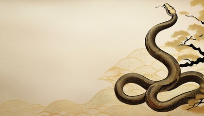 Obraz premium 控えめな蛇のシルエットと金箔ラインが描く、和のエレガントな背景 