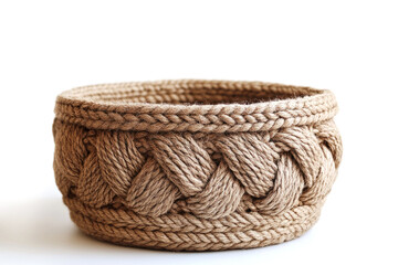 Woven basket made of natural brown jute rope, isolated on white