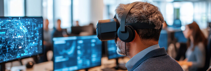 Immersive virtual reality experience in modern office setting, showcasing man wearing VR headset while engaged with digital data on multiple screens