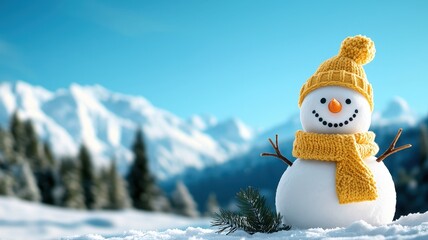 Obraz premium A cheerful snowman with a yellow hat and scarf stands in a snowy landscape, surrounded by mountains and evergreen trees under a bright blue sky.