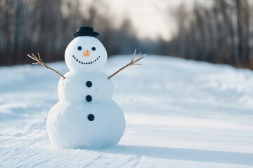 Obraz premium A cheerful snowman stands in a snowy landscape, adorned with a black hat, buttons, and twig arms, surrounded by a tranquil winter scene.