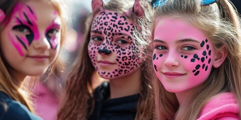 Obraz premium A group of girls, some with pink face paint and others with leopard patterns on their faces, are gathered together, showcasing their vibrant and creative facial designs.