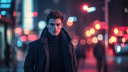 Fototapeta premium Male fashion model walking through an urban street at night, embodying contemporary style with vibrant city lights providing a striking backdrop. The photo includes ample copy space.