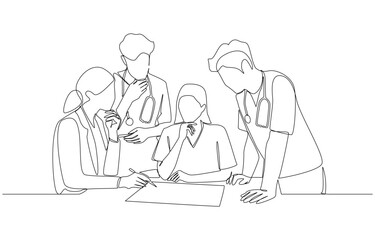 Fototapeta premium Continuous one line drawing of team of surgeons meeting to discuss best surgical approach for patient, hospital surgical team concept, single line art