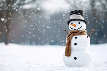 Fototapeta premium A cheerful snowman stands in a snowy landscape, adorned with a hat, scarf, and a smiling face, as snowflakes gently fall around it.