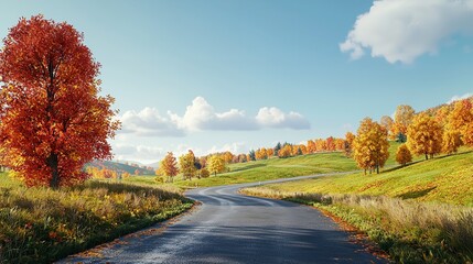 Naklejka premium Winding Road Through Colorful Autumn Landscape with Trees and Leaves
