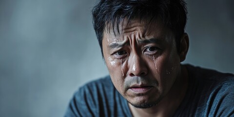 Fototapeta premium A sorrowful Asian man is shedding tears against a muted gray backdrop. His expression reflects deep sadness as he sits alone in this poignant moment.