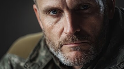 Dynamic portrait of a military veteran reflecting deeply, embodying strength and resilience. This image captures a military veterans reflective gaze with ample space for text or branding.