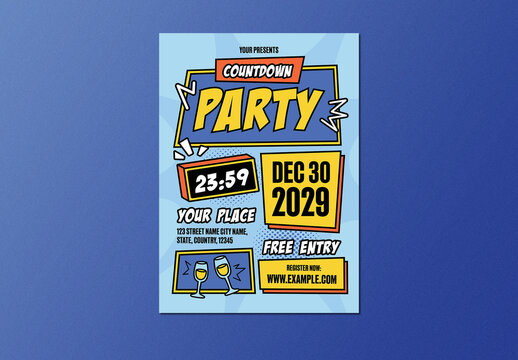 Blue Bold Comic Countdown Party Flyer Layout