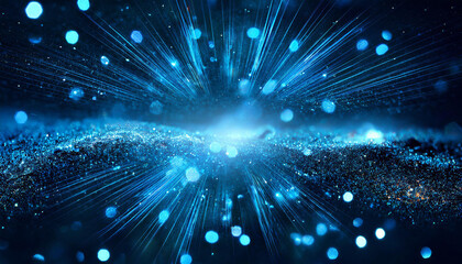 Fototapeta premium Abstract epic cinematic background. Blue glowing particles surrounded