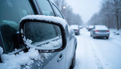 Obraz premium Close-up of snowy car side mirror with blurred vehicles and winter landscape in background 