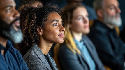 Fototapeta premium A group of colleagues attentively listening to a charismatic speaker at a professional event, with visible admiration and engagement in their expressions