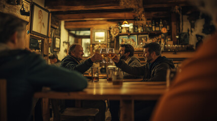 Friends toasting in cozy rustic pub