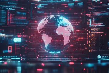 Fototapeta premium Global connectivity concept with holographic globe on laptop for digital marketing and telecom