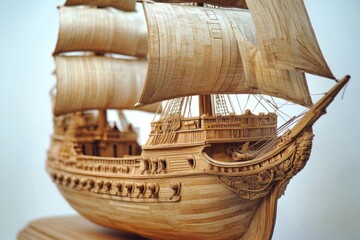 Naklejka premium Intricate wooden model of a carrack, a multi-decked sailing ship common during the age of exploration, highlighting remarkable craftsmanship