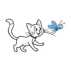 A Playful Cat Chasing a Butterfly Outline Vector Art