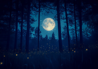 Fototapeta premium A serene moonlit forest with tall pine trees and fireflies glowing amidst a starlit night sky, horizontal orientation, perfect for nature scenes.