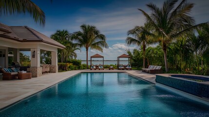 A serene poolside setting with palm trees and lounge areas for relaxation.