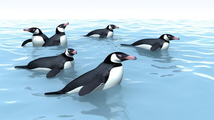 Obraz premium A group of penguins swimming in calm blue water.