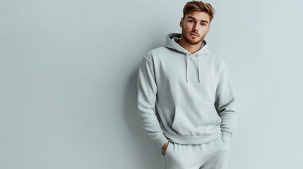 Fototapeta premium A stylish man showcases a modern athleisure outfit, featuring a light gray hoodie and matching joggers. He stands confidently with a relaxed posture in a contemporary indoor space