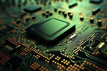 Abstract representation of computer chips and circuit boards in green, black, and gold on white