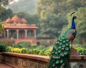 Obraz premium Peacock Displaying Its Vibrant Feathers in a Garden
