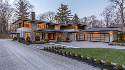 Obraz premium Modern three story white chalet with simple lines, large windows, garage, and garden at sunset