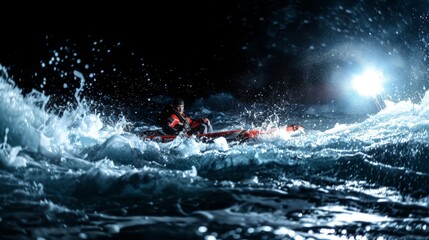 Fototapeta premium Small boat in stormy sea rescuing person from water, spotlight illuminates rescue action, waves crashing, urgent and relieved reaching for help.