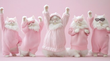 Fluffy white cats dressed in pink outfits and sunglasses pose against a pastel pink background, AI