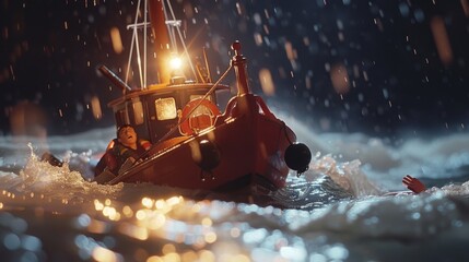 Naklejka premium Small boat in stormy sea rescuing person from water, spotlight illuminates rescue action, waves crashing, urgent and relieved reaching for help.