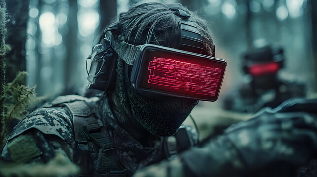 A soldier with red goggles, camouflaged, intensely examines a digital interface in a forest setting, portraying high-tech reconnaissance and focus on precision.