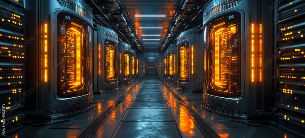 Poster futuristic data center with quantum computers and glowing tech elements