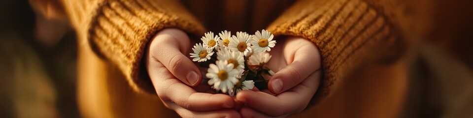 child gives flowers for Mother's Day. Selective focus