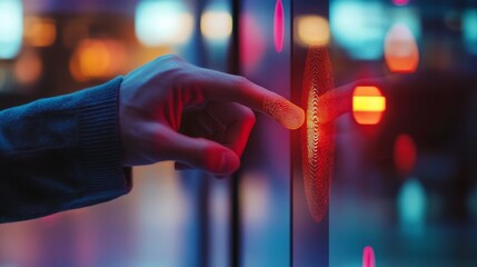 Hand using fingerprint scanner at night.