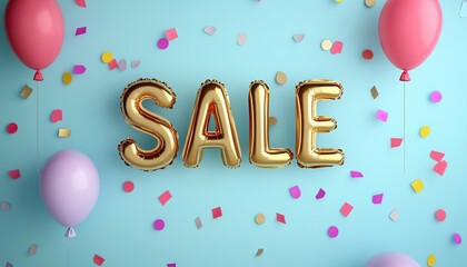 Bright balloons and confetti surround golden "SALE" letters on a light blue background, creating a festive shopping atmosphere.