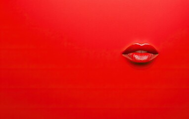 Fototapeta premium A striking red background features a pair of bold, glossy lips, creating a captivating and minimalist visual impact.