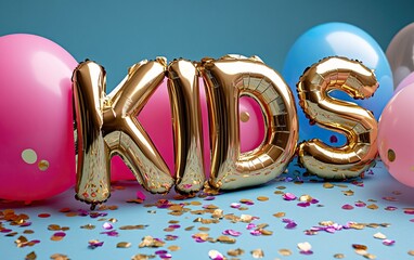 Colorful balloons and gold "KIDS" letters create a festive scene, perfect for children's parties and celebrations with confetti scattered on a blue background.