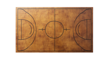 A wooden basketball court layout featuring markings for the three-point line, free-throw line, and center circle.