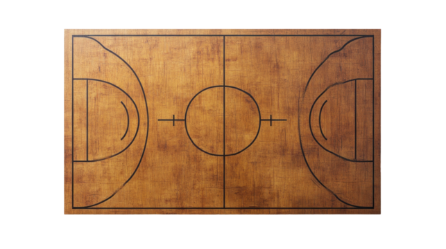 A wooden basketball court layout featuring markings for the three-point line, free-throw line, and center circle.