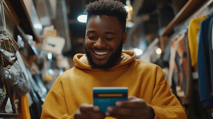 With a bright smile, he makes a cashless payment using his credit card, ensuring a seamless shopping experience.