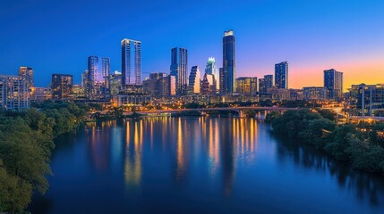 Fototapeta premium Austin skyline reflected in twilight water.