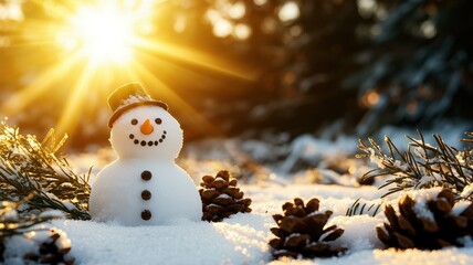 Obraz premium A cheerful snowman stands in a snowy landscape, surrounded by pine cones, with the sun shining brightly in the background, creating a warm winter scene.